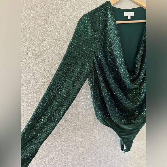A Loves A Green Sequin Sparkle Cowl Neck Bodysuit Size S - Picture 8 of 9